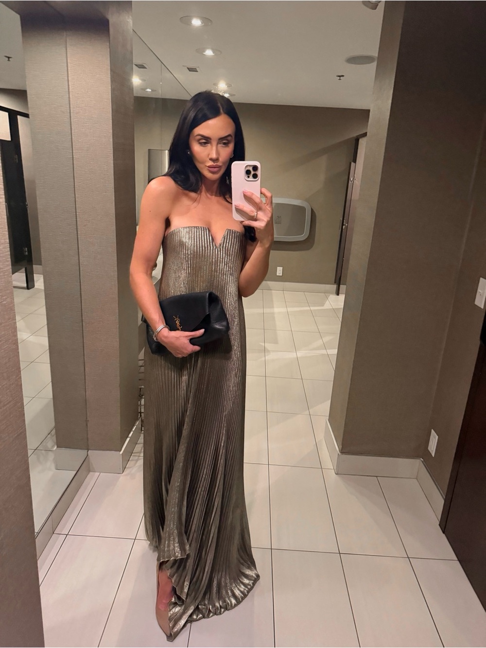Strapless Metallic Gold Pleated Maxi Dress - Picture 2 of 3